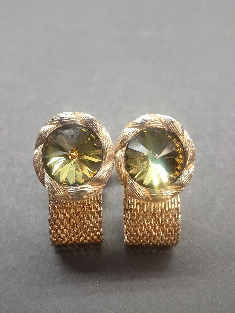 Vintage Swank Gold Tone Mesh Wrap Around Cufflinks Watermelon Rivoli Rhinestone